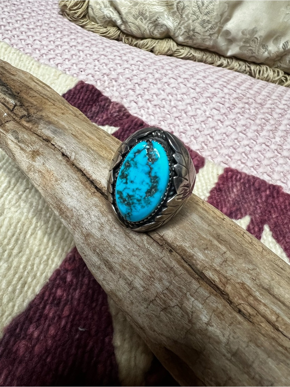 VTG Navajo Sterling Silver Turquoise Leaf Ring 10.5 Signed CY 25g
